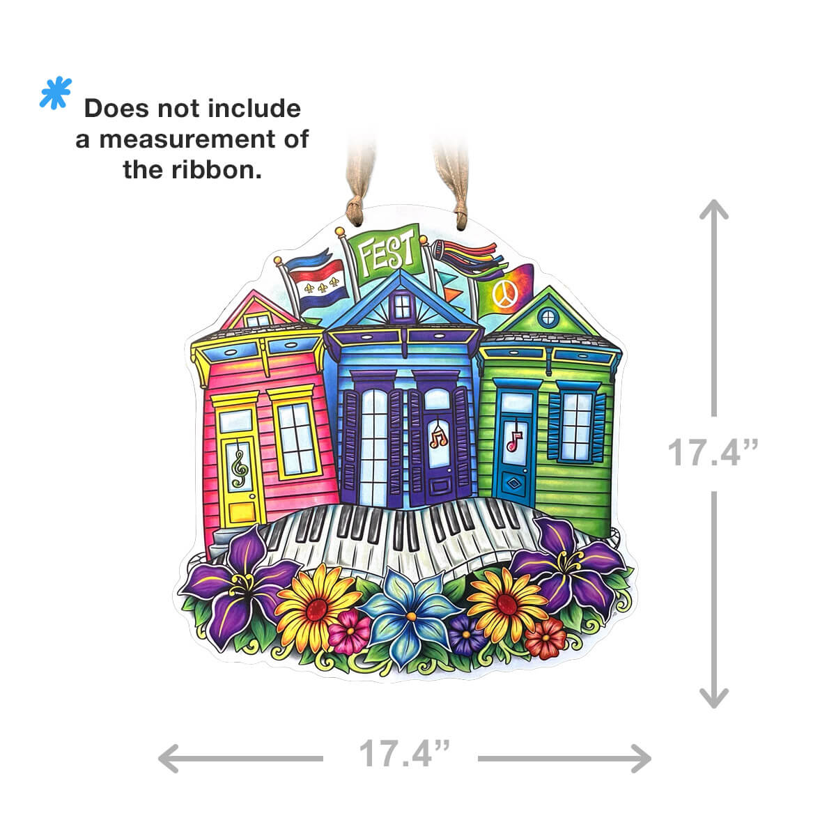 Decorative shotgun houses with colorful roofs and flowers, with dimensions indicated on a white background.