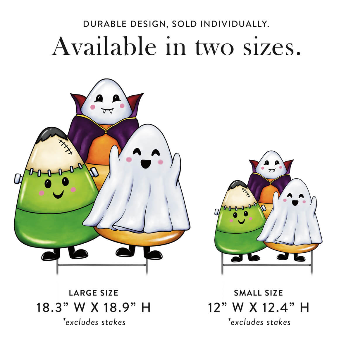 Halloween-themed corrugated yard sign, featuring a candy corn dressed up as a ghost, vampire, and green monster design, including size specifications.