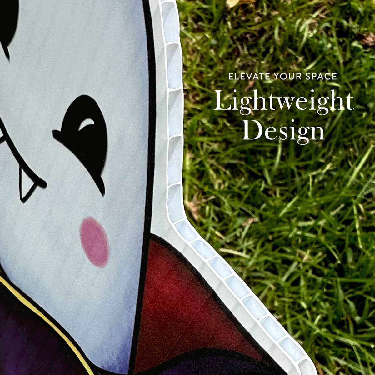 Detail image of Halloween corrugated yard sign showing candy corn in costumes on grass, text 'Elevate Your Space Lightweight Design' visible