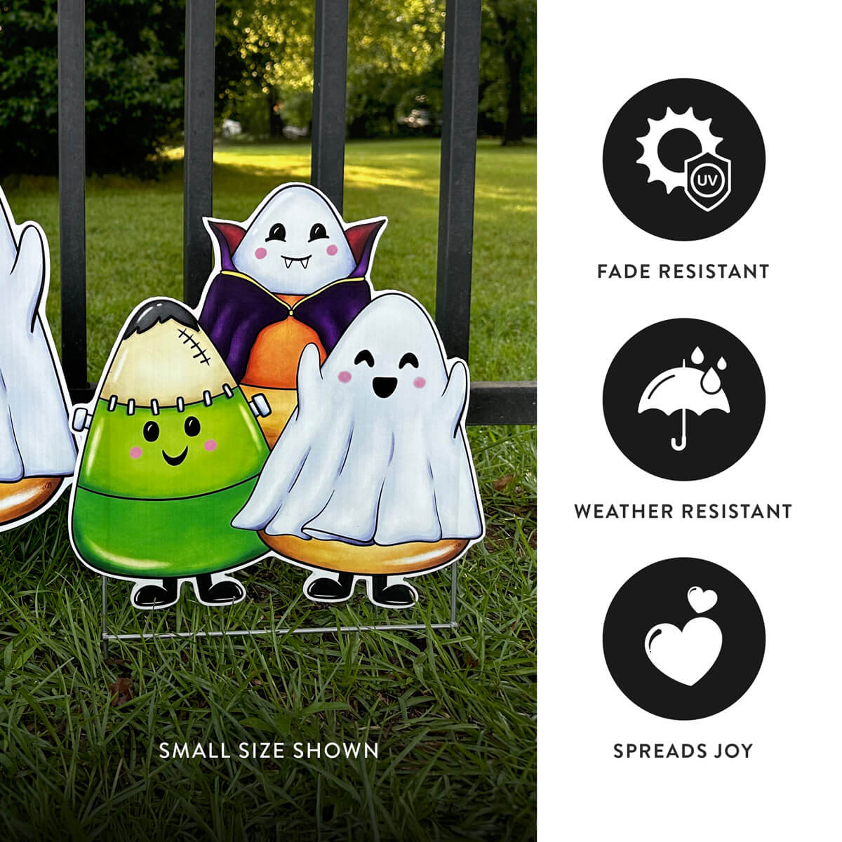 Halloween-themed yard sign featuring three candy corn dressed up as a ghost, vampire, and green monster on grass, featuring UV protected, fade-resistant, weather-resistant, and joy-spreading properties.