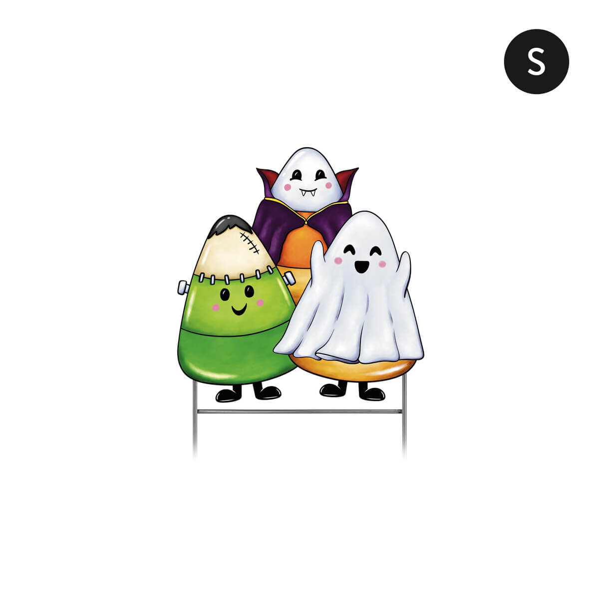 Small Halloween-themed corrugated yard sign with candy corn dressed up as a ghost, vampire, and Frankenstein on a white background.