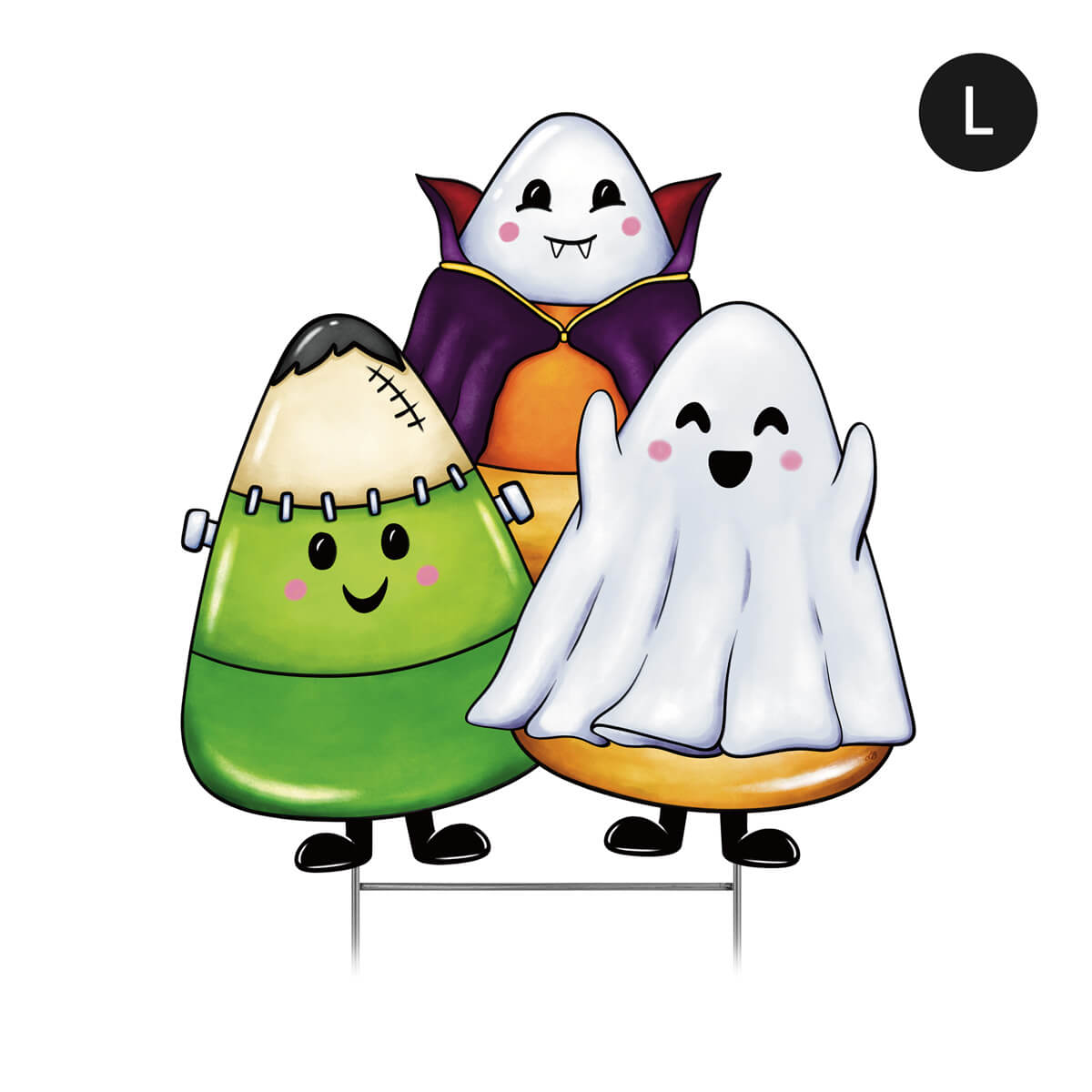 Large Halloween-themed corrugated yard sign with candy corn dressed up as a ghost, vampire, and Frankenstein on a white background.