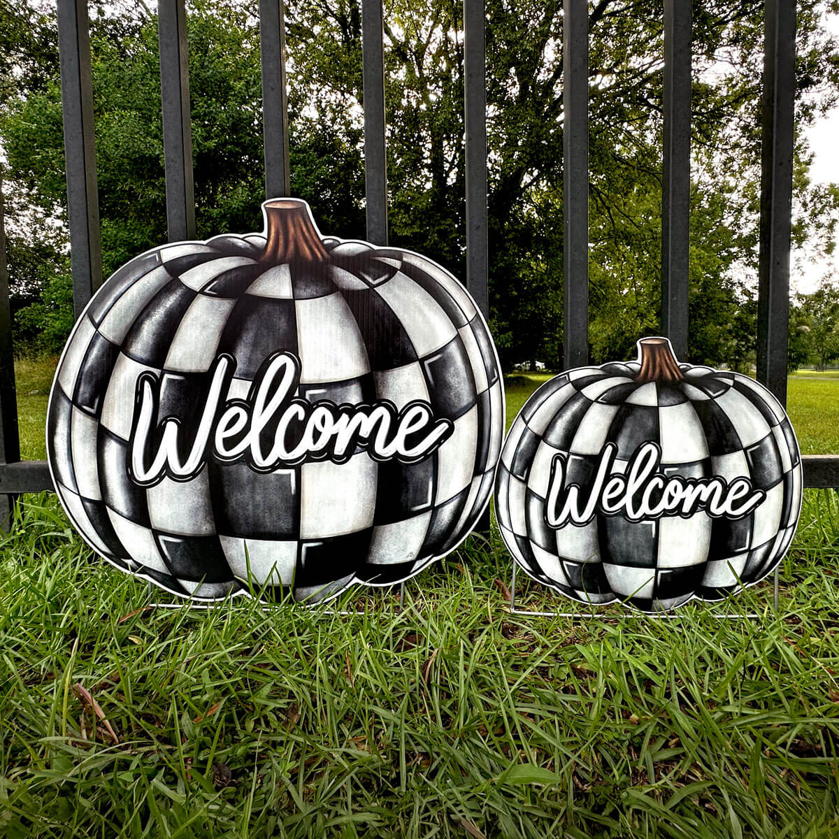 Two black and white checkered pumpkins with 'Welcome' text on a grassy background.