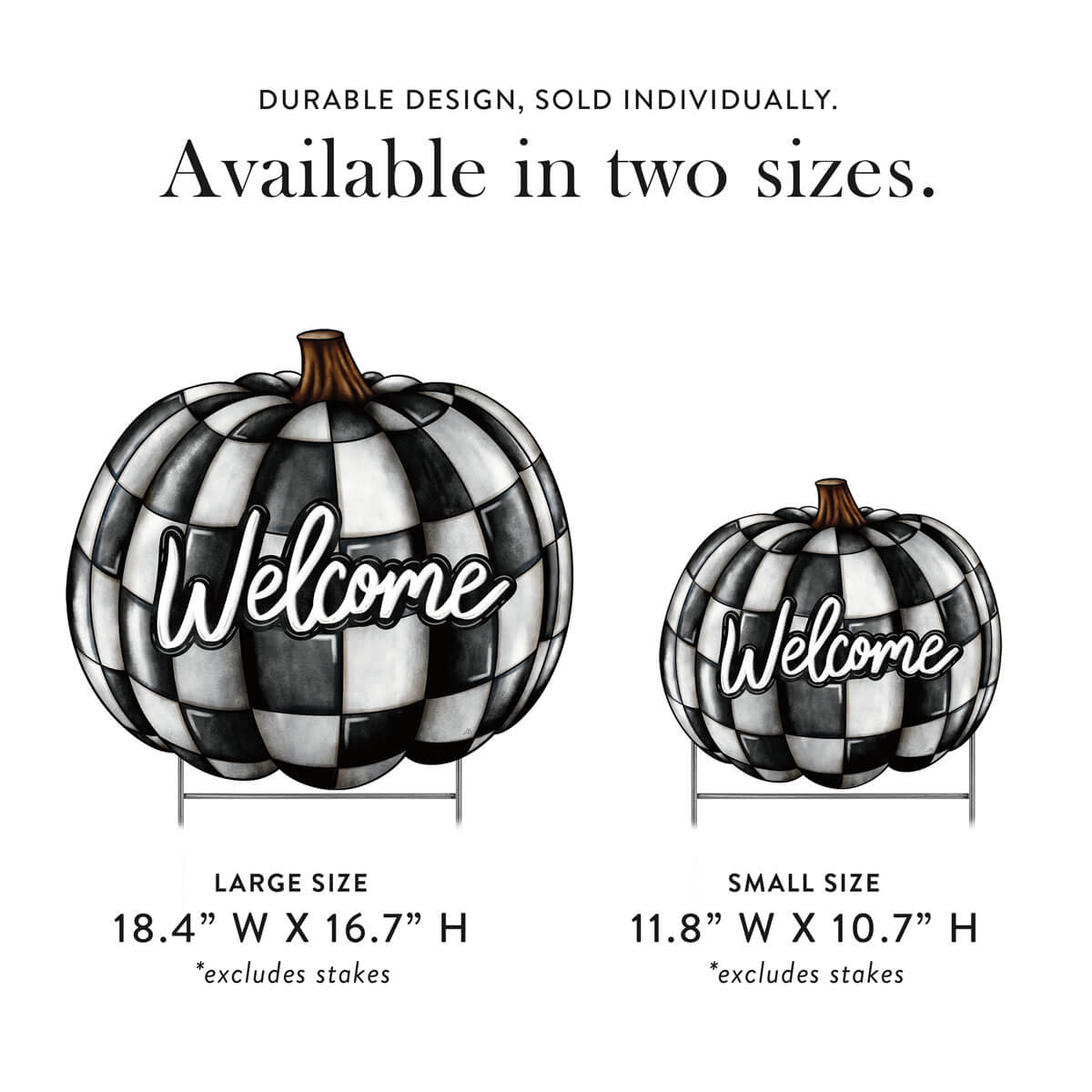Black and white checkered pumpkins with 'Welcome' text, shown in large and small sizes, on a white background.