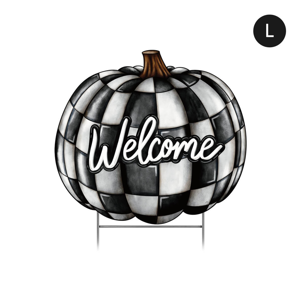Large decorative pumpkin with black and white checkered pattern and 'Welcome' text on a white background.