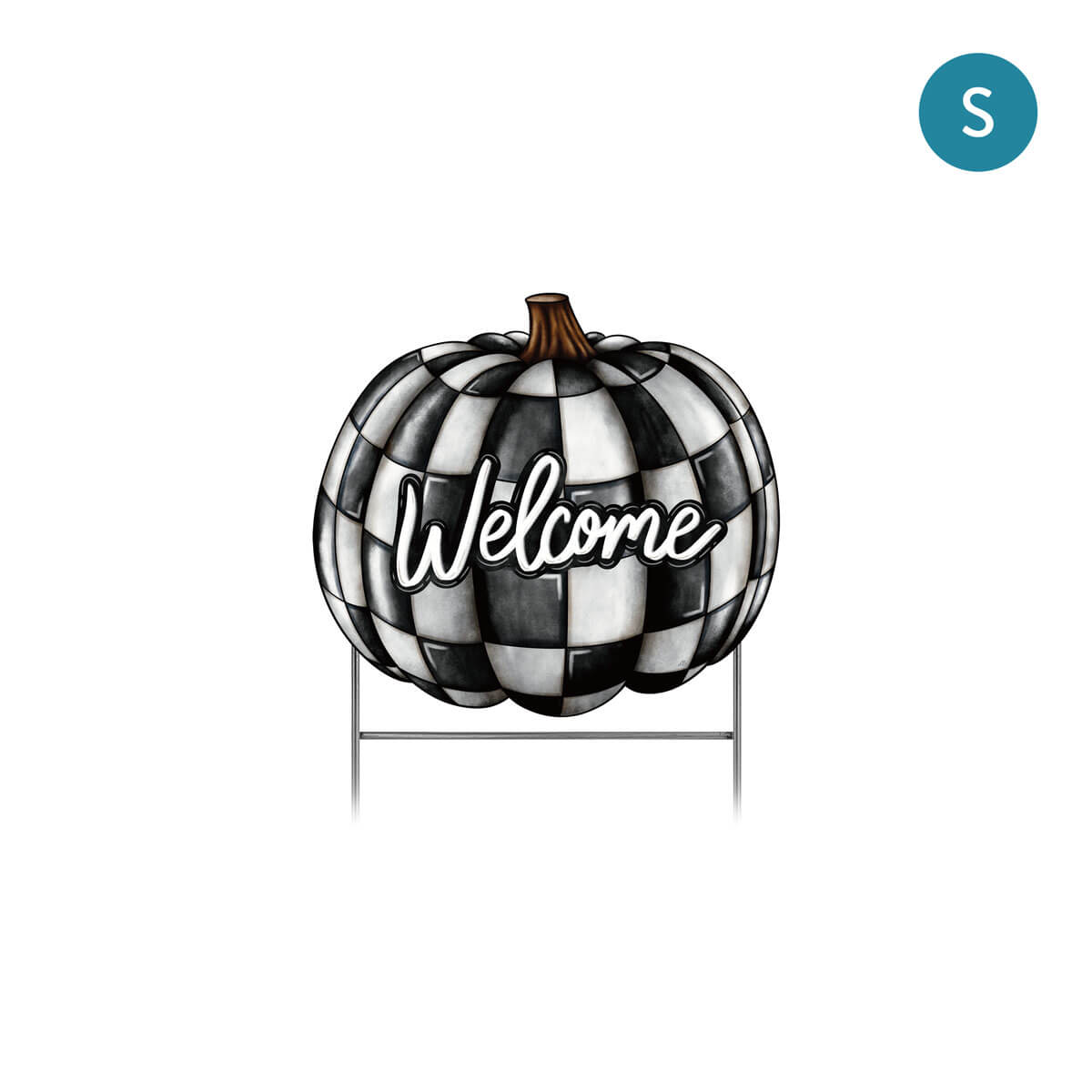 Small, decorative black and white checkered pumpkin-shaped corrugated sign with 'Welcome' text on a white background