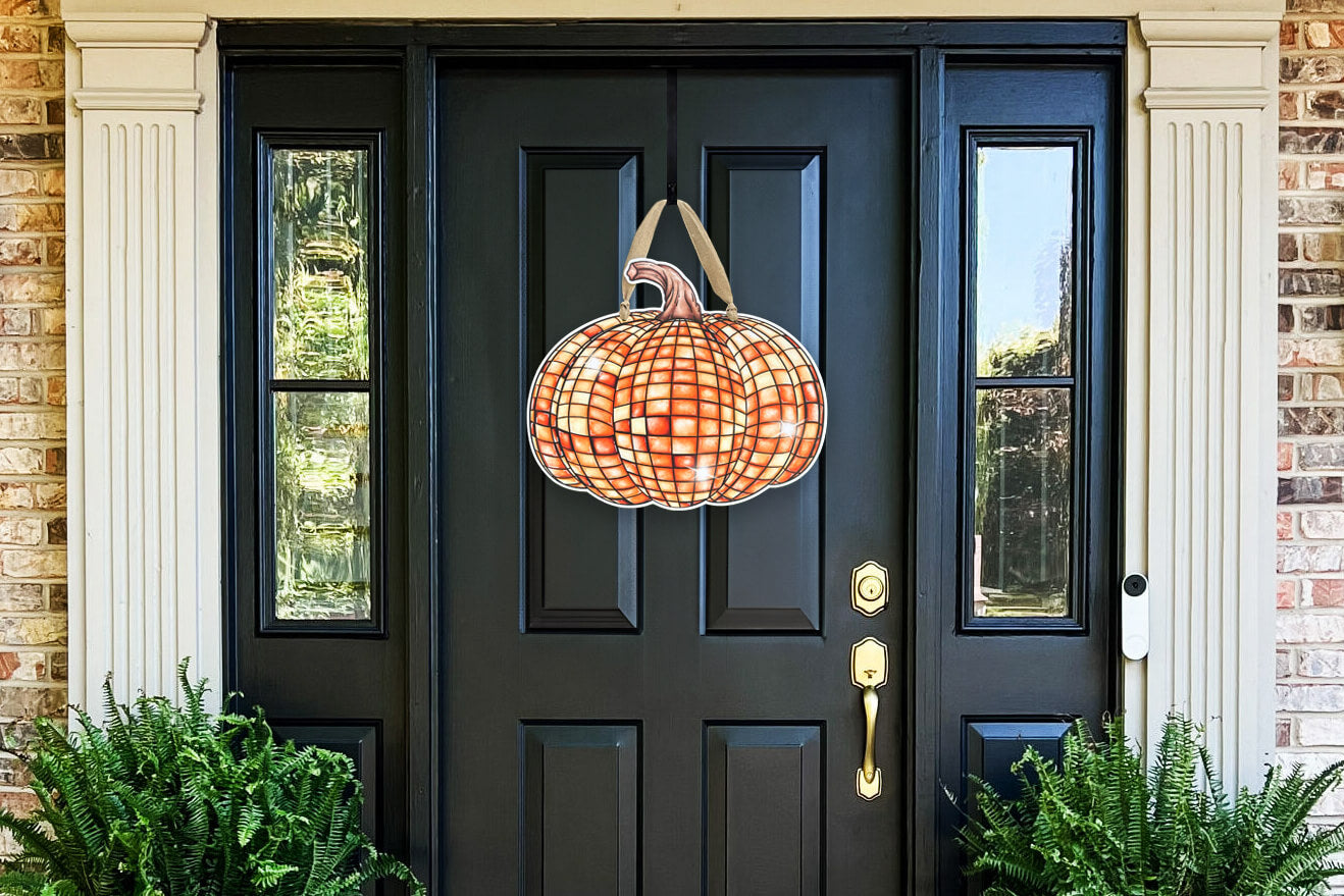 Big Easy Design Disco Pumpkin Door Hanger on Front Door