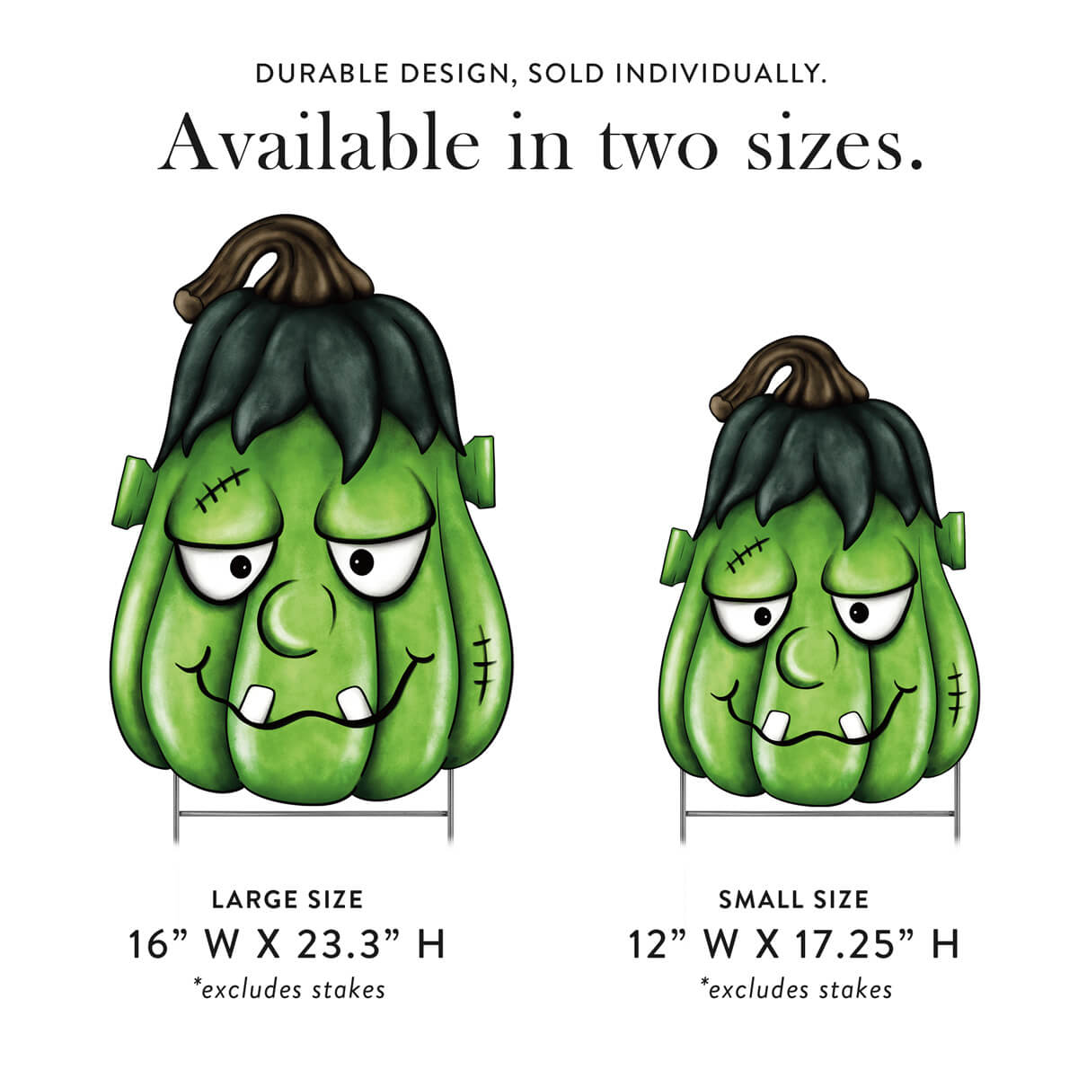 Two green Frankenstein inspired pumpkin decorations with faces, labeled as large and small sizes with dimensions.