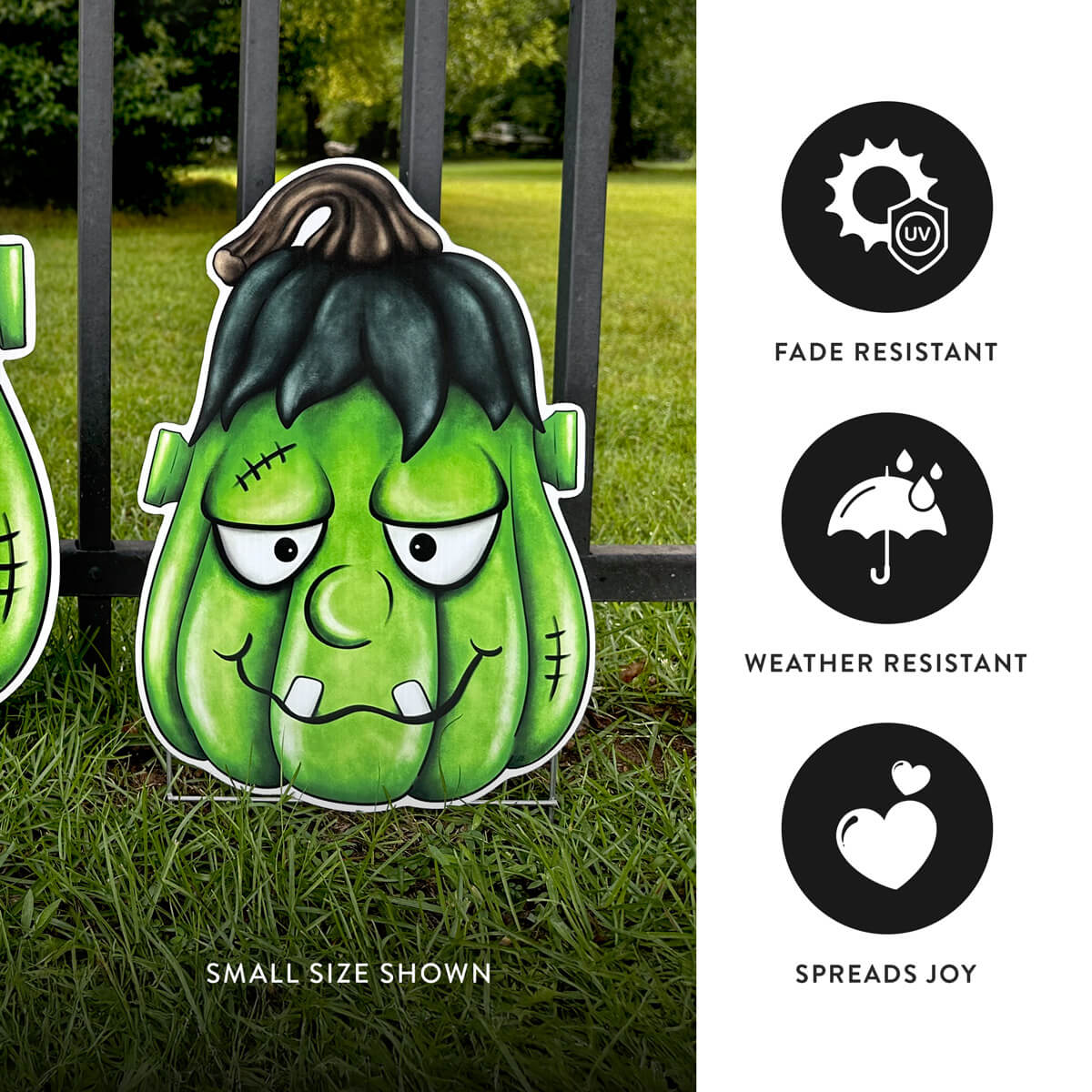 Green Frankenstein cartoon-style corrugated pumpkin with black hair on grass, surrounded by product features on a white background.