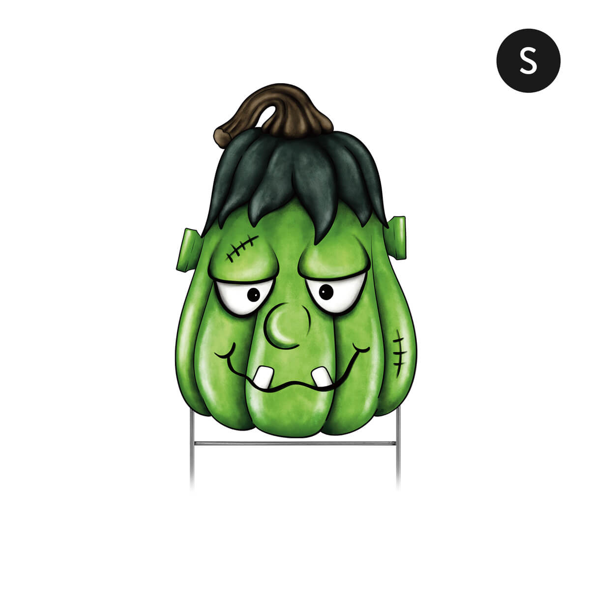 Small, green Frankenstein corrugated pumpkin with black hair on a white background