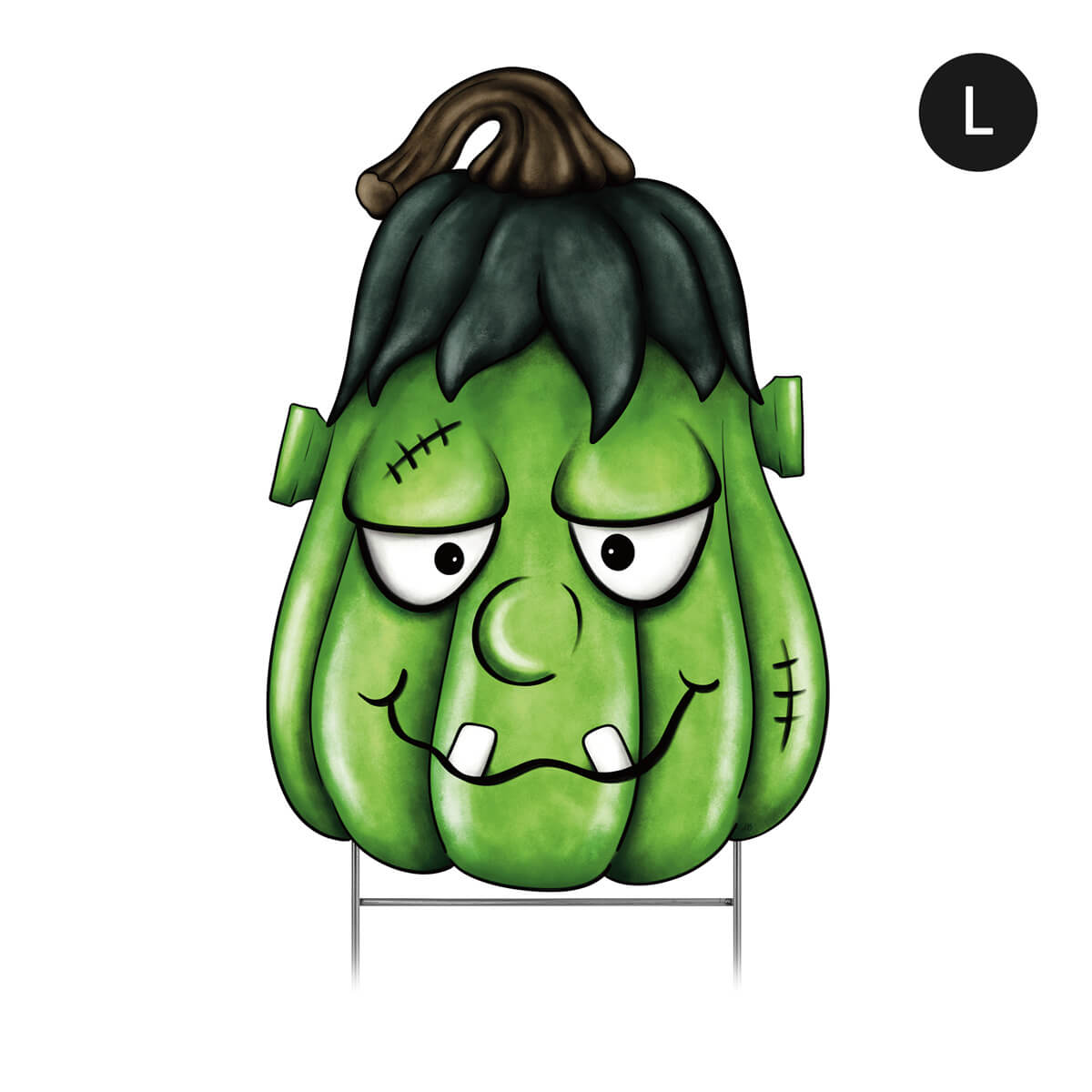 Large, Frankenstein inspired corrugated green sign with black hair on a white background.