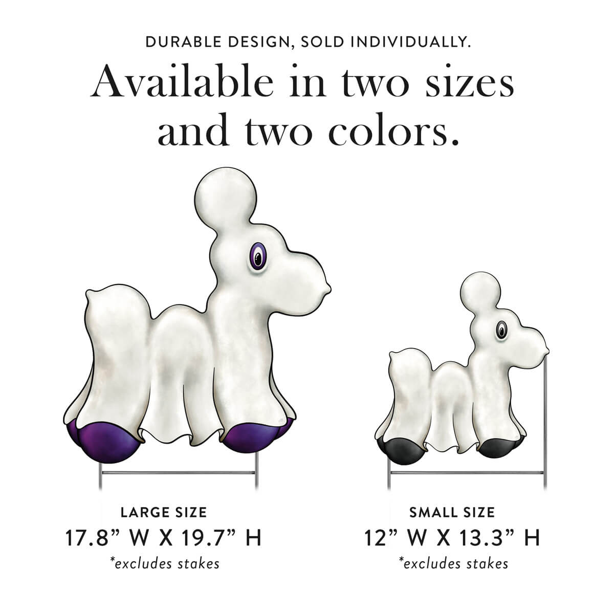 Two Ghost Bead Dog -shaped signs with purple and black accents, one large and one small, on a white background with text about size and color availability.