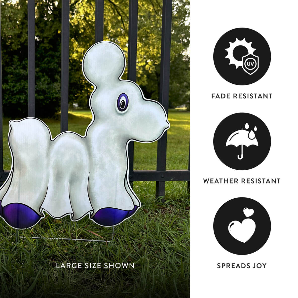 Decorative white and purple ghost bead dog corrugated outdoor sign with fade-resistant, weather-resistant, and joy-spreading features.