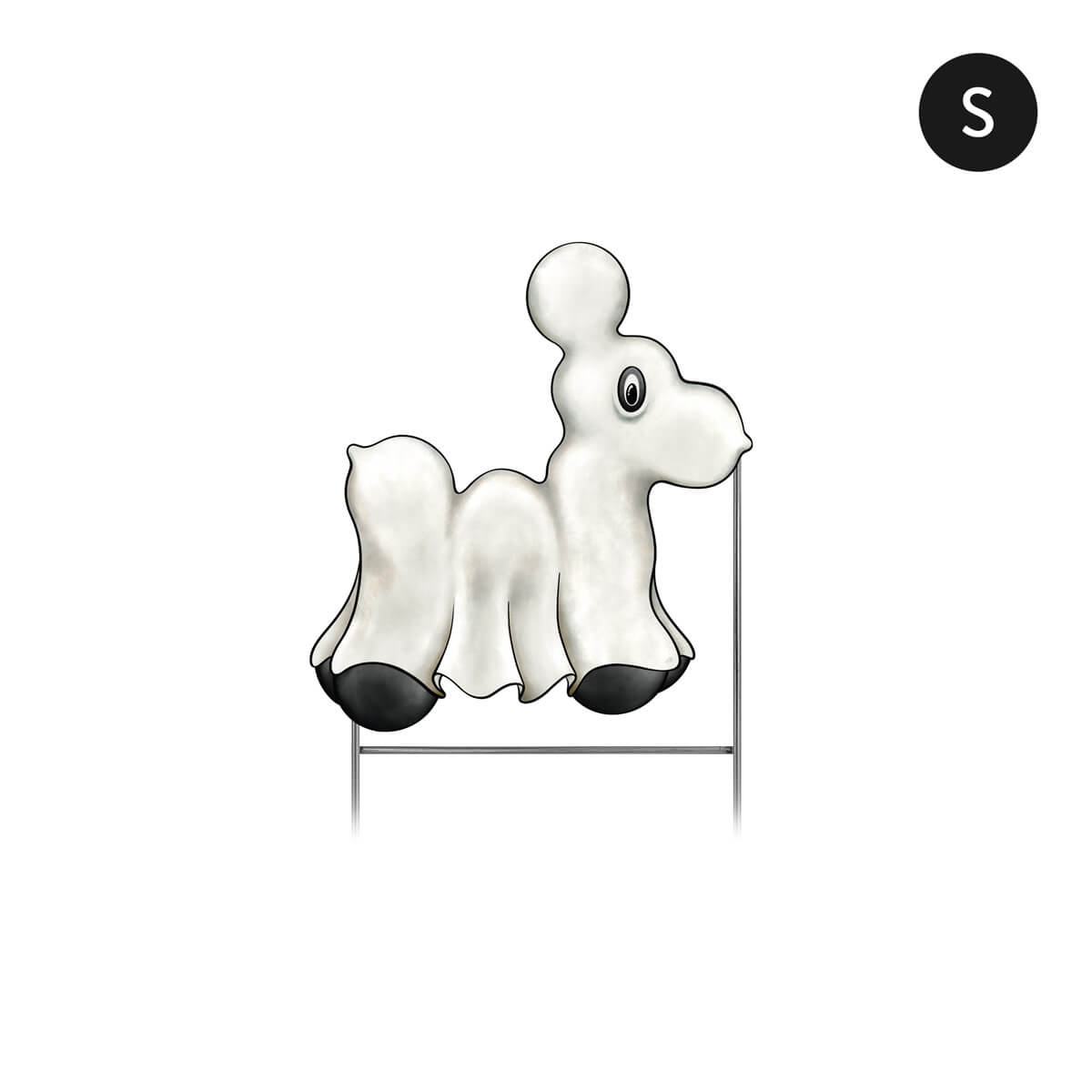 Small ghost bead dog corrugated Halloween sign with black accents on a white background.