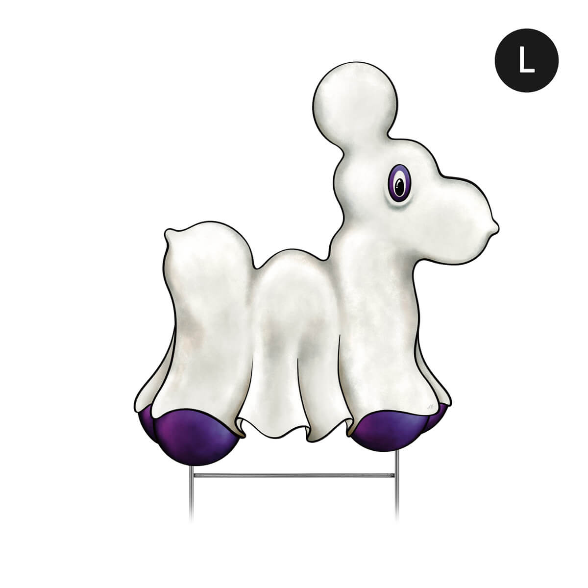 Large ghost bead dog corrugated Halloween sign with purple accents on a white background.