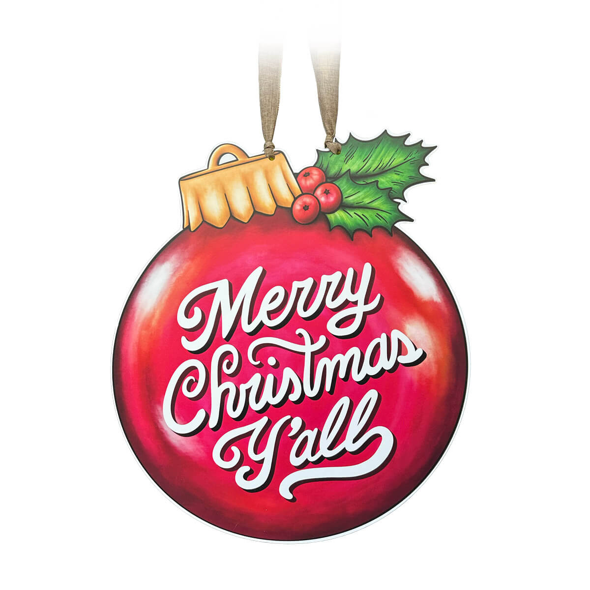 Merry Christmas Yall Door Hanger Red Ornament with Holly Berries