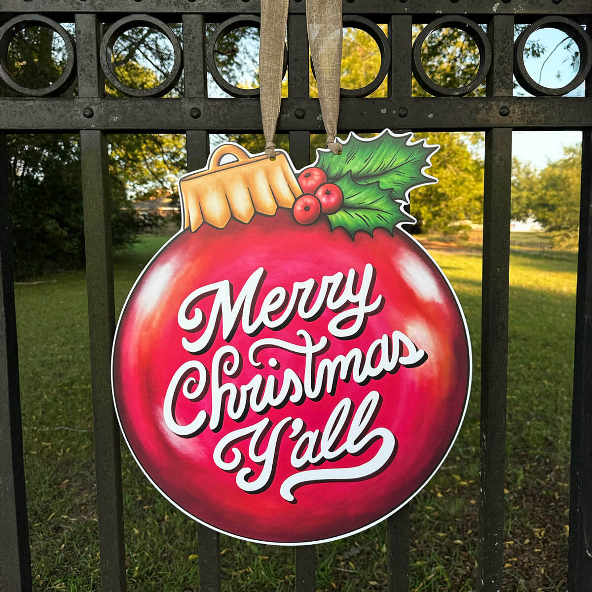 Merry Christmas Yall Door Hanger Red Ornament with Holly Berries