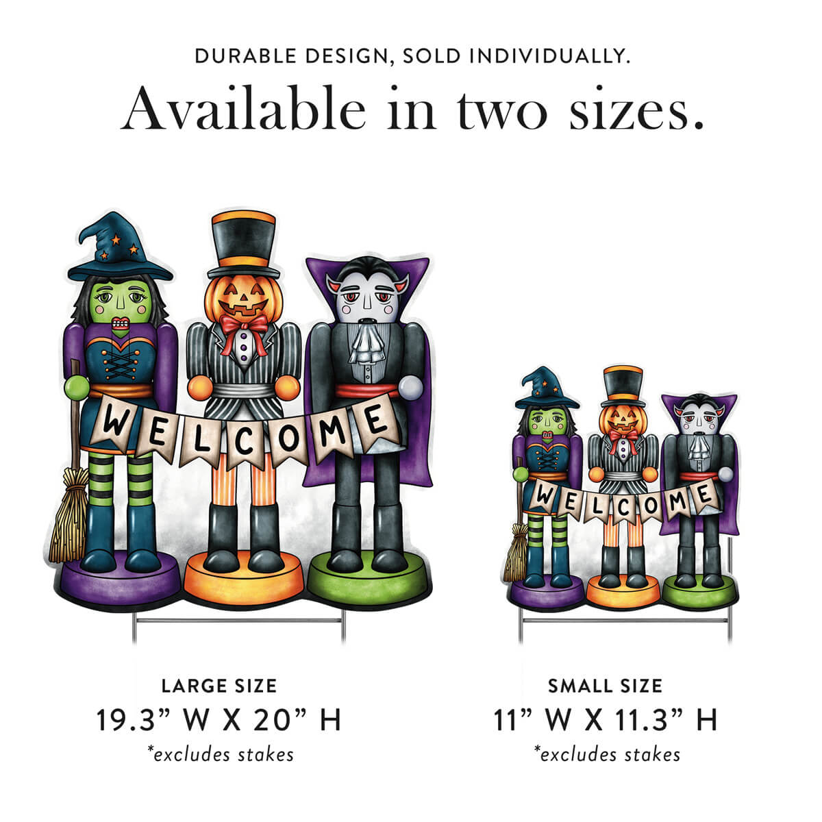 Halloween-themed nutcracker decorative figures with 'Welcome' corrugated signs, shown in large and small sizes with dimensions.