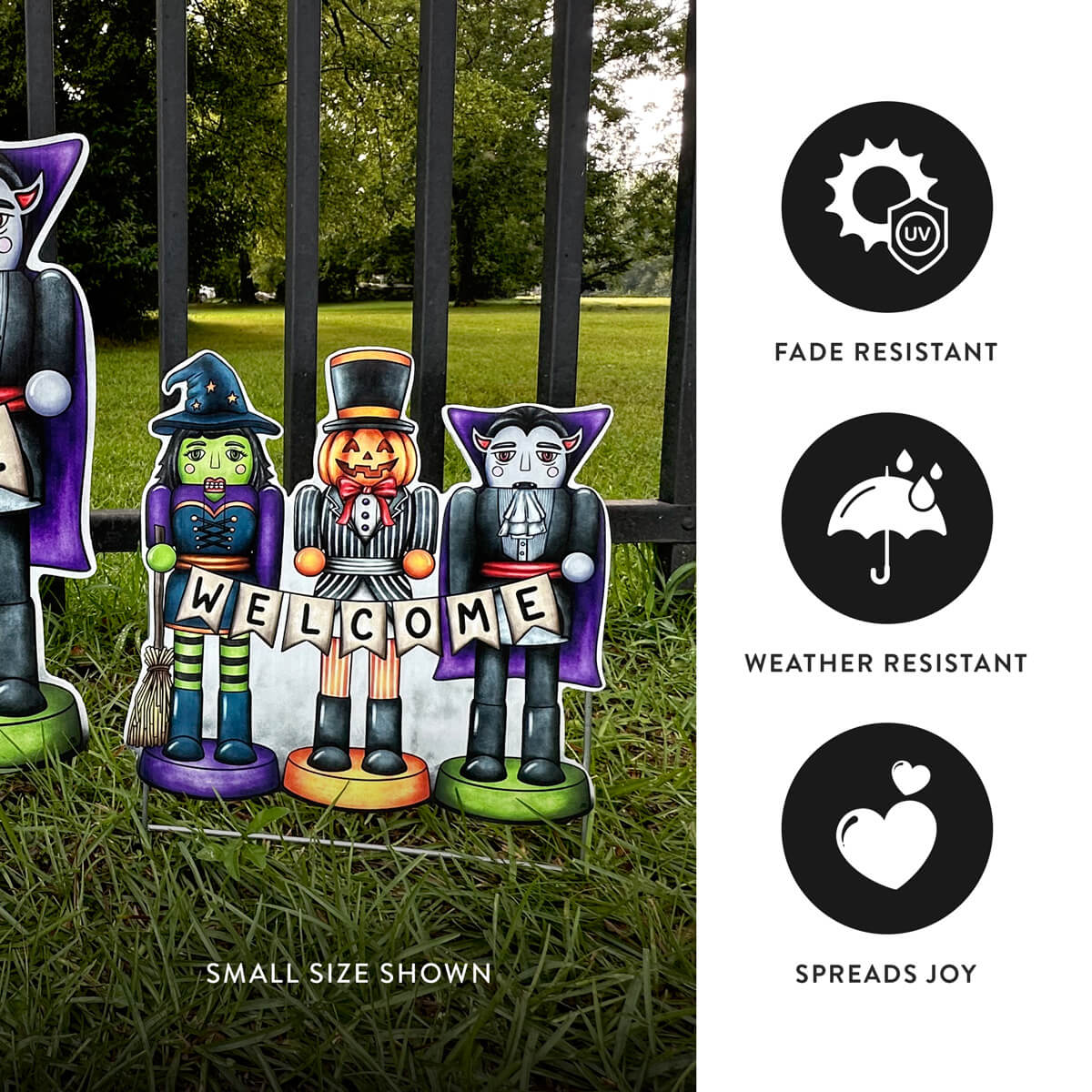 Halloween-themed nutcrackers, dressed up as a witch, pumpkin king, and vampire, decorative sign with 'Welcome' banner on grass, surrounded by icons indicating features like fade resistance, weather resistance, and joy spreading.