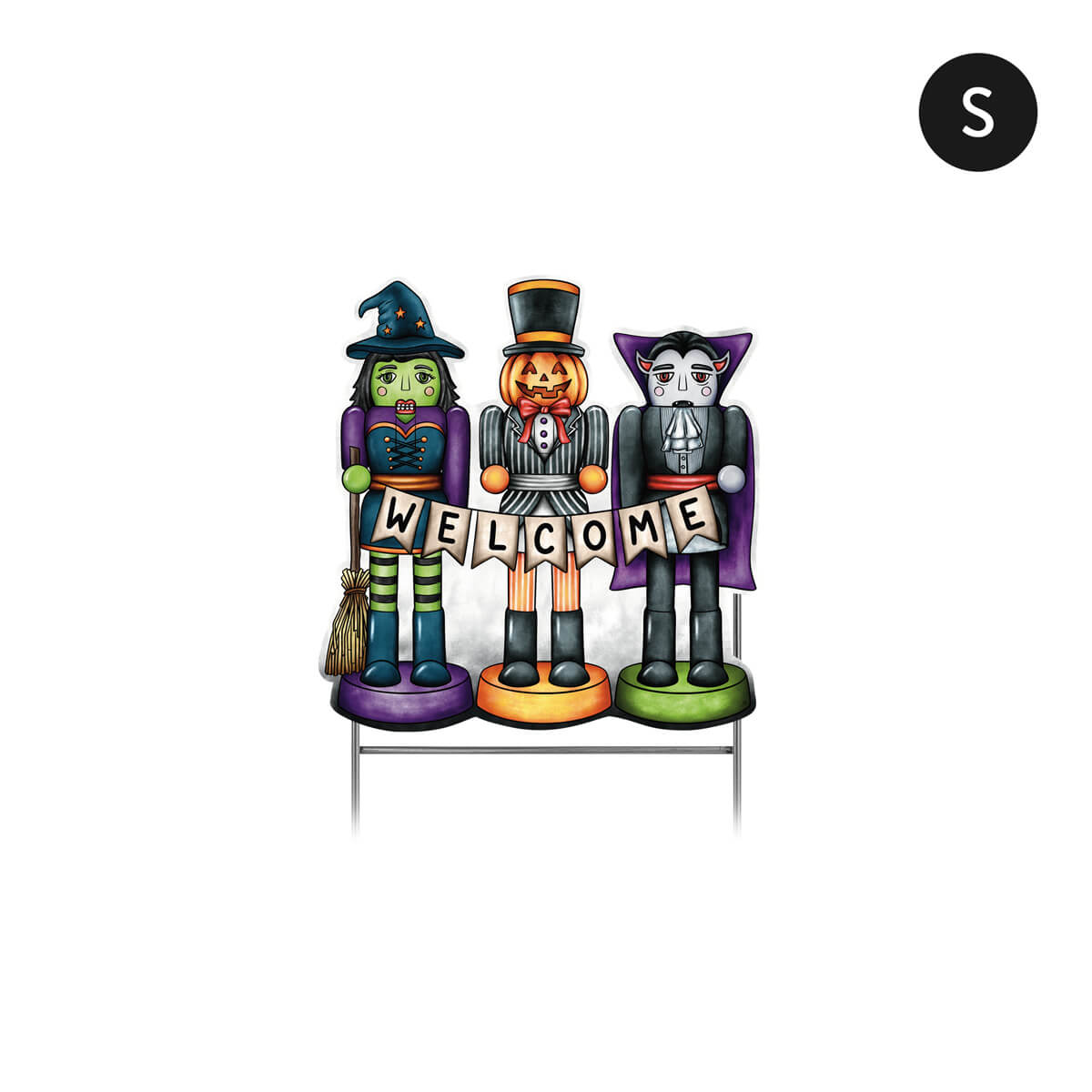 Small Halloween-themed corrugated decorative sign with three nutcracker characters holding a 'Welcome' banner on a white background.