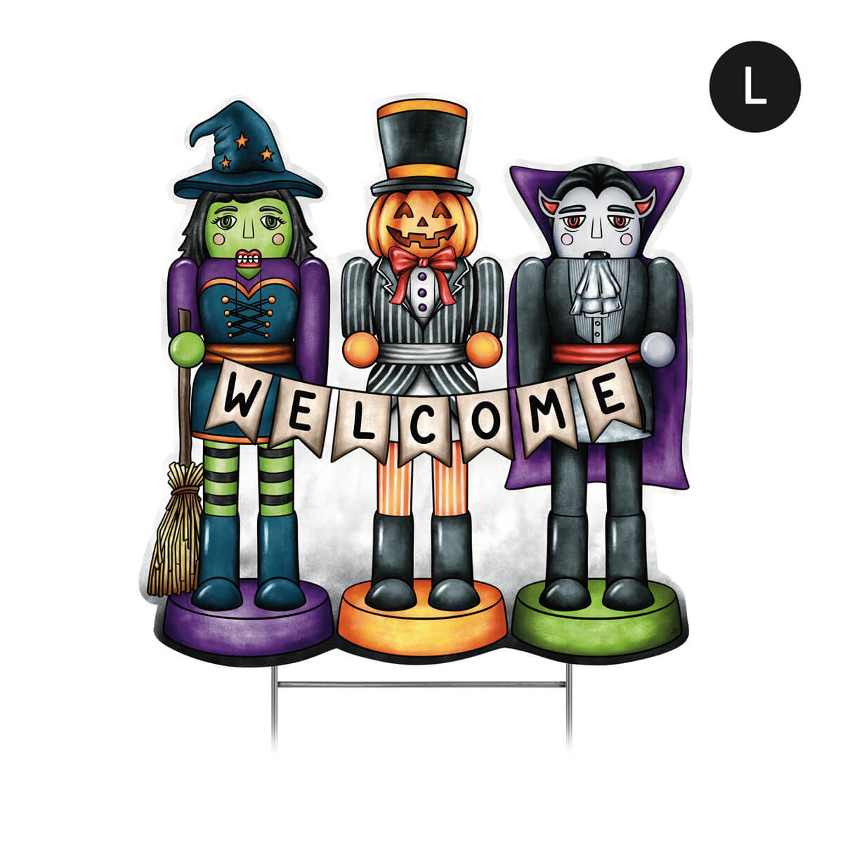 Large Halloween-themed corrugated decorative sign with three nutcracker characters holding a 'Welcome' banner on a white background.