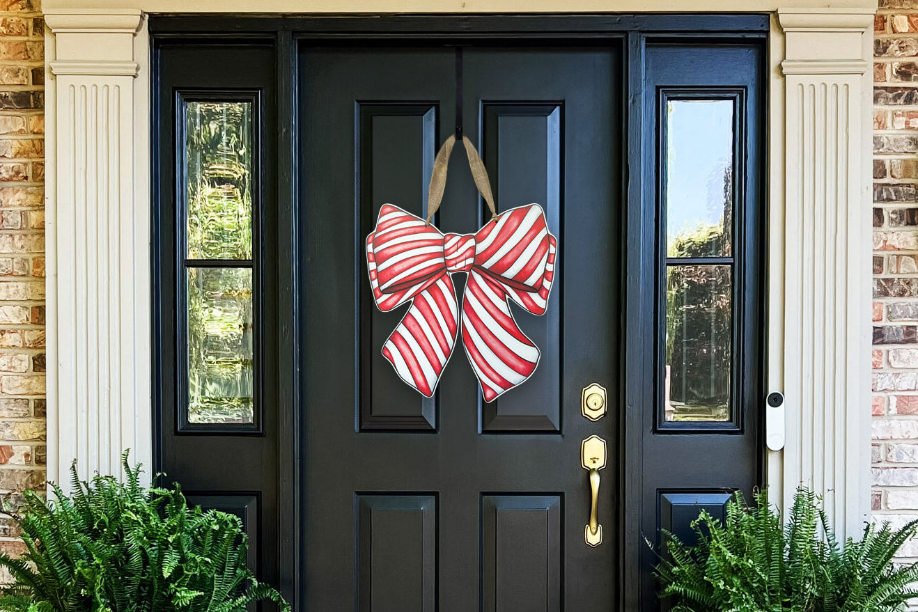Peppermint Bow Decor on Black Front Door