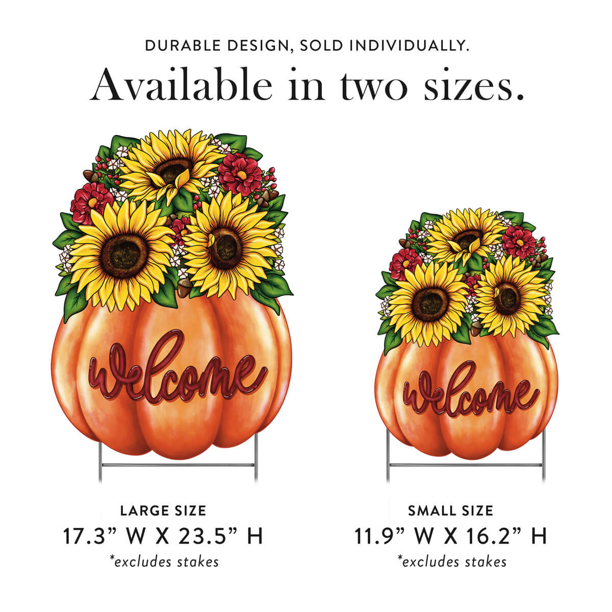 Two Fall decorative corrugated pumpkin signs with sunflowers and flowers, labeled 'Welcome', on a white background.