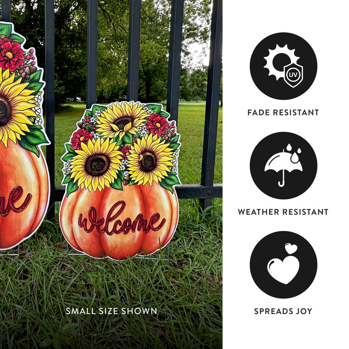 Decorative Fall corrugated garden sign with sunflowers and pumpkins on grass, featuring icons about weather resistance, fade resistant, and joy spreading properties.
