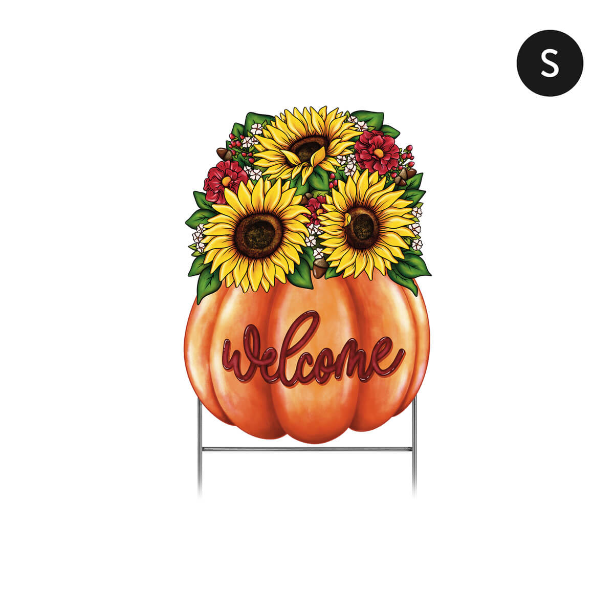 Small Fall pumpkin-shaped corrugated sign with sunflowers and flowers, featuring the word 'Welcome', on a white background.