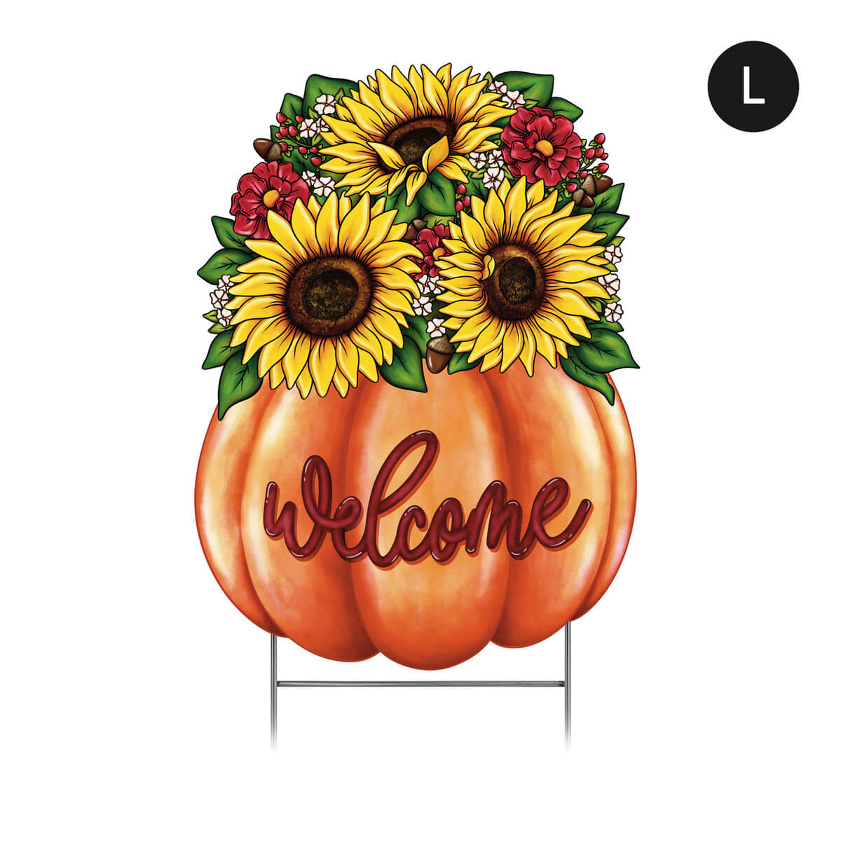 Large Fall pumpkin-shaped corrugated sign with sunflowers and flowers, featuring the word 'Welcome', on a white background.