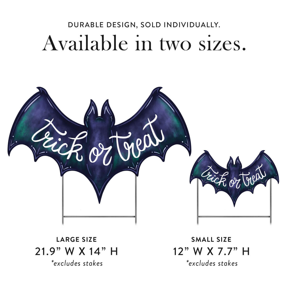 Halloween bat-shaped corrugated decorative signs with 'trick or treat' text, available in large and small sizes.