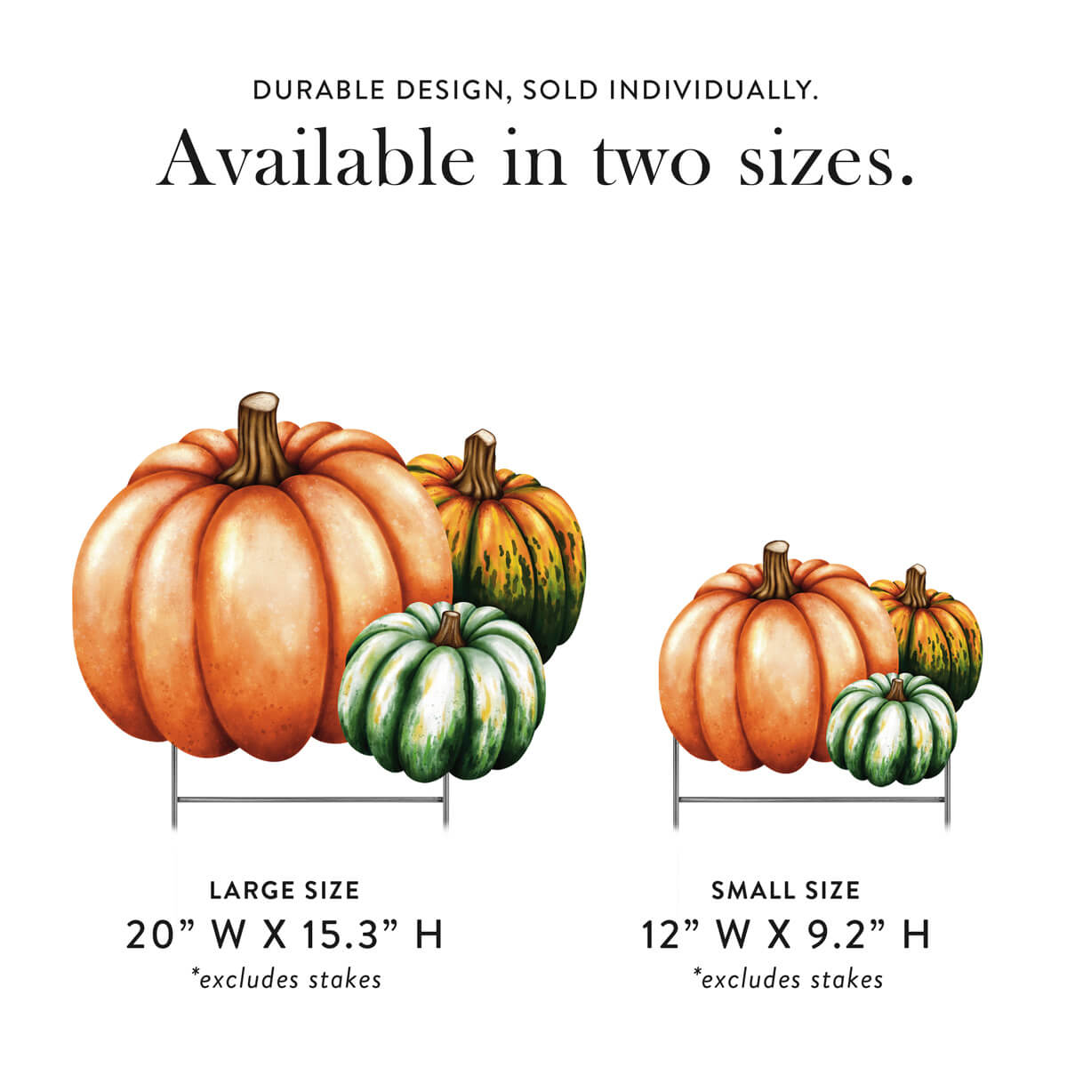 Pumpkin and gourd decorations with size specifications on a white background