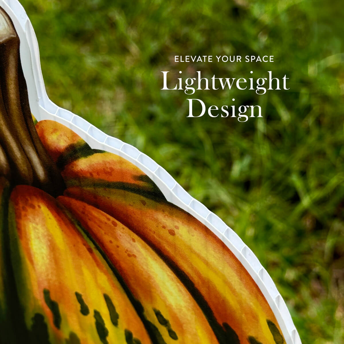 Decorative gourd with text 'Elevate Your Space Lightweight Design' on a blurred green background