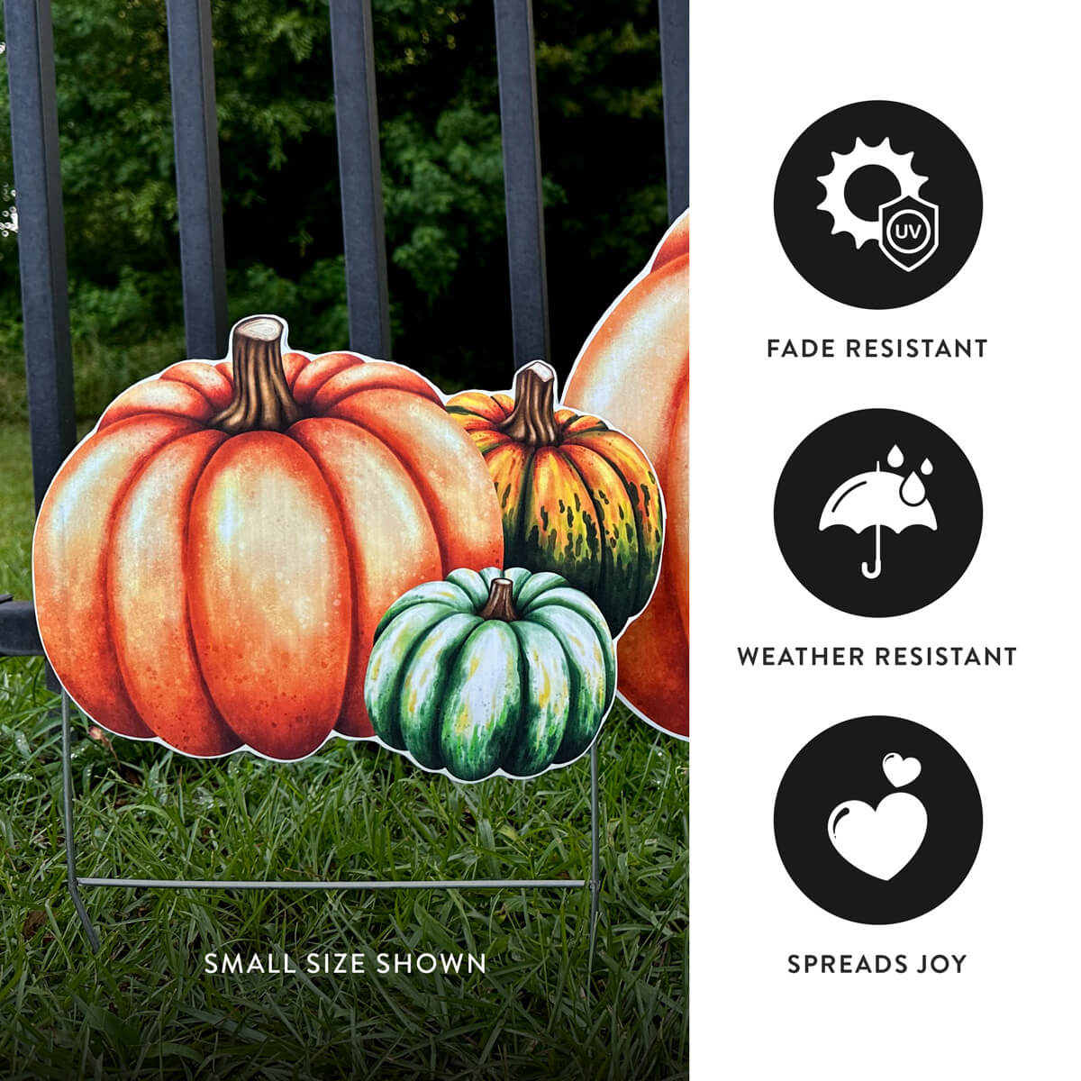 Decorative Fall corrugated garden sign with pumpkins on grass, featuring fade resistance, weather resistance, and joy spreading icons.