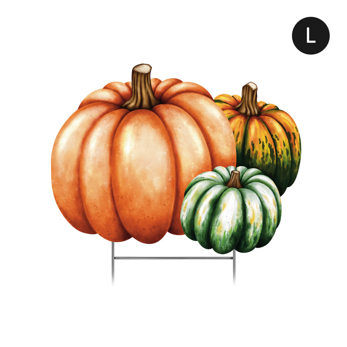 Large Fall decorative corrugated sign with pumpkins on a white background.