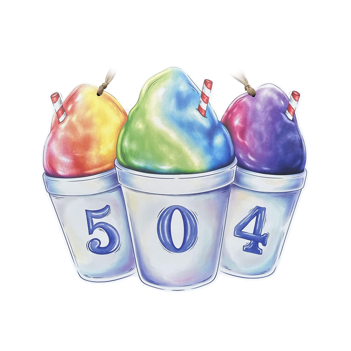 Three colorful snoball door hanger with numbers '504' on a white background