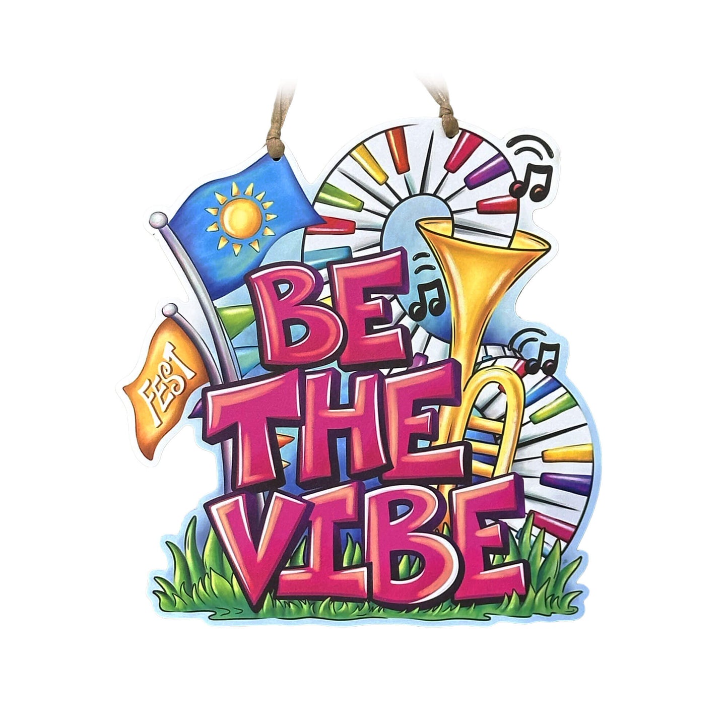 Colorful graphic with musical elements and 'Be the Vibe' text on a white background