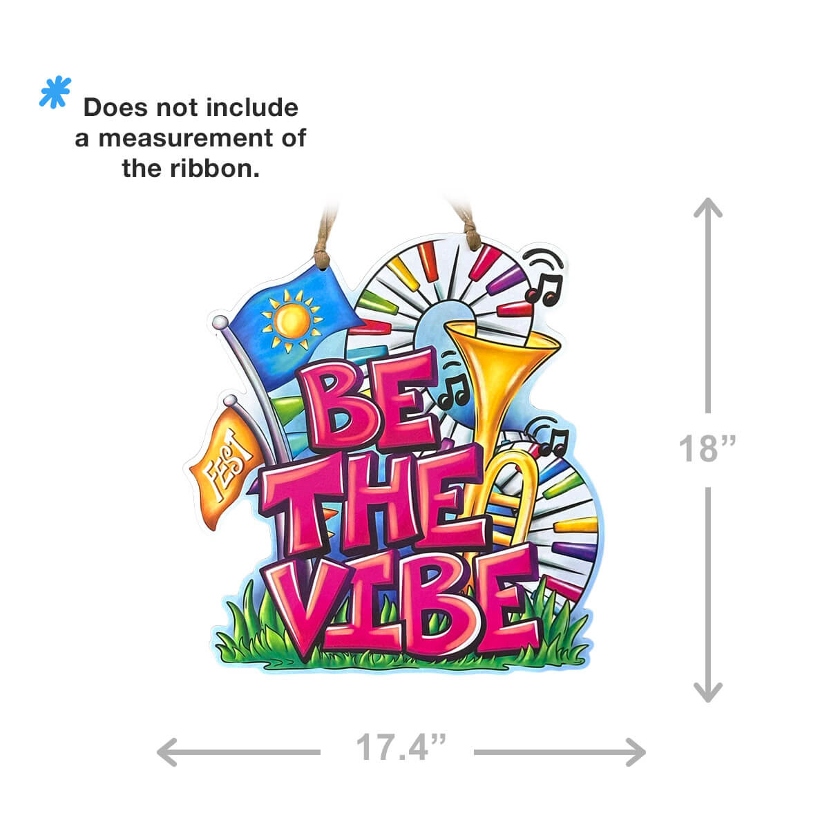 Decorative sign with 'Be the Vibe' text and measurements on a white background