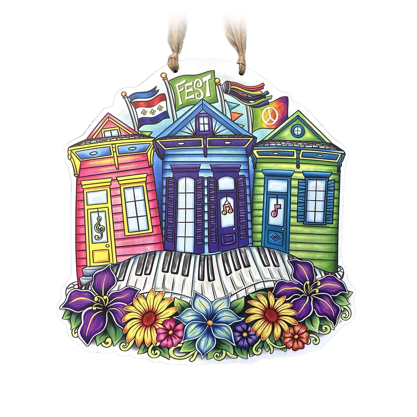 Colorful shotgun houses door hanger with a keyboard sidewalk, flowers, and flags on a white background