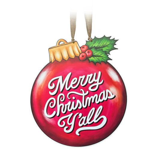 Merry Christmas Yall Door Hanger Red Ornament with Holly Berries