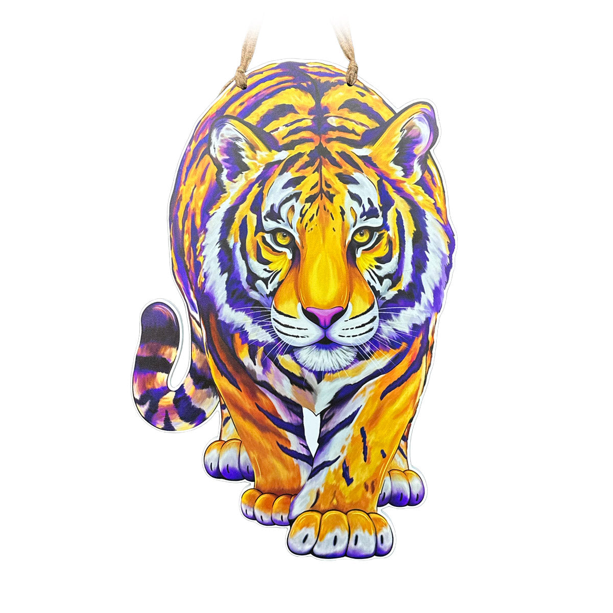 A colorful tiger door hanger shown on a plain white background. The design features a stylized tiger with orange, yellow, purple, blue, and white details, with a tan ribbon it hangs from at the top.