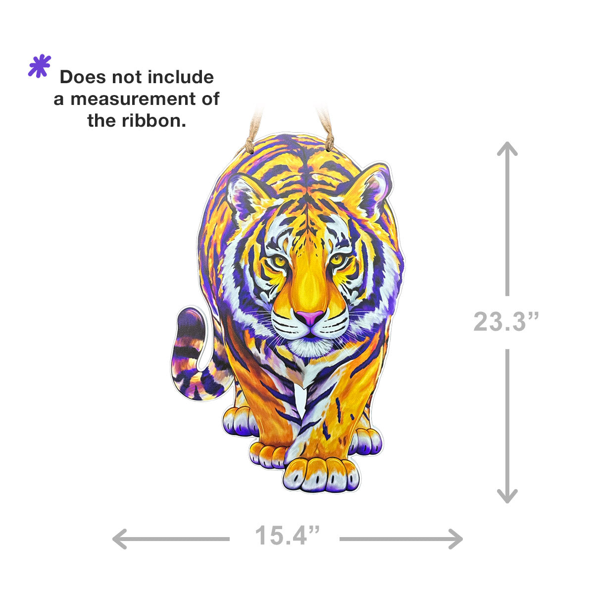 A colorful tiger door hanger centered on a white background, with gray dimension arrows and text indicating width 15.4" inches and height 23.3"