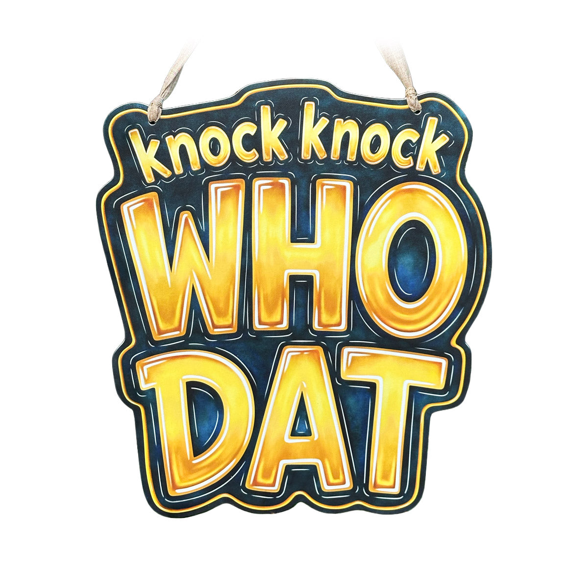 Front door decor with the phrase 'knock knock who dat' in large 3D-style lettering. The sign is dark blue with a gold outline and yellow-gold lettering, suspended by a ribbon against a plain white background.